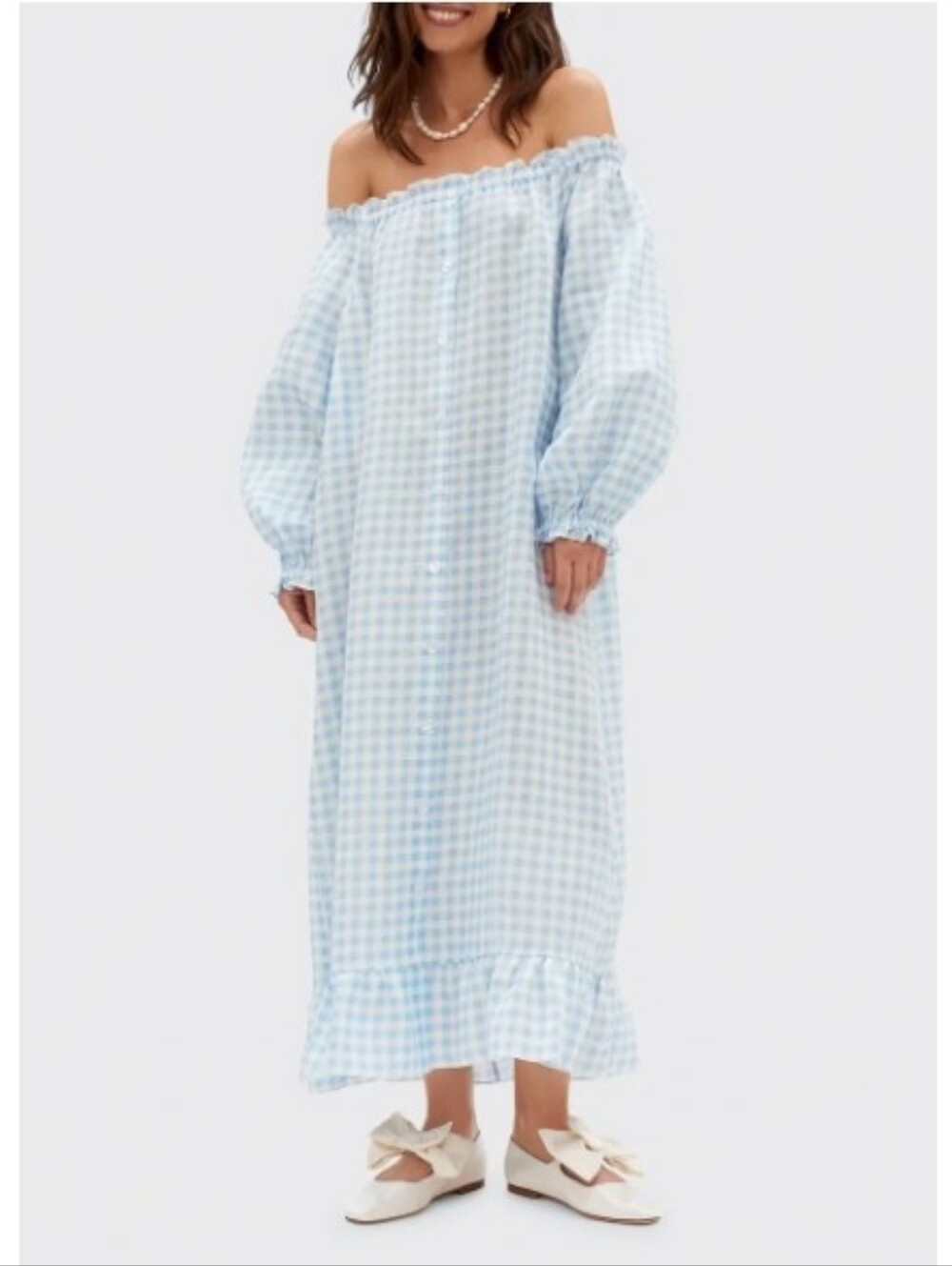 SLEEPER ‎ Linen Blue Gingham Lounge Dress